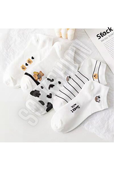 SOCKSHION Sada 5 párů ponožek bílých dámských botiček se vzorem pandy a krávy