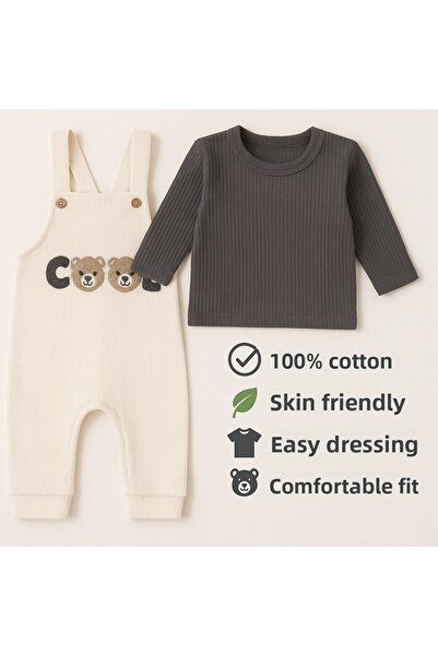 MYZİ STORE Baby Cotton 2-Piece Set – Teddy Bear Detailed Long Sleeve T-Shirt and Salopet