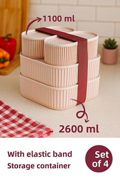 Vienev 4-Piece Practical Stackable Storage Set with Elastic Bands - 1100 ml and 2600 ml Pink