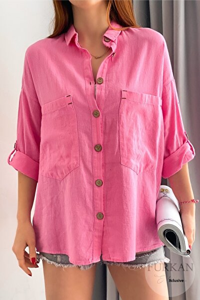 FEMELLE قميص نسائي وردي خشبي بأكمام قابلة للطي وجيب مزدوج كاجوال وواسع وواسع ...