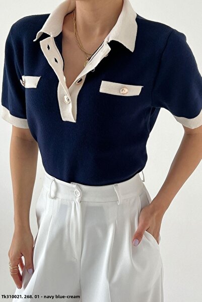 Rhosus Dámský úplet s krátkým rukávem v tmavě modré barvě s předním zapínáním na knoflík