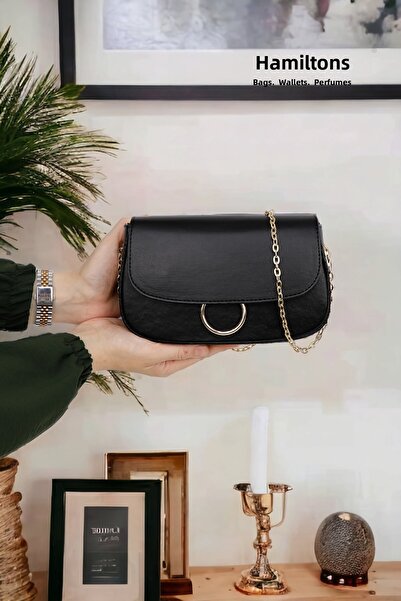 HAMILTON Original Women's Cross Chain Strap Soft Leather Textured Detailed Single Eye Stylish Black Shoulder Bag