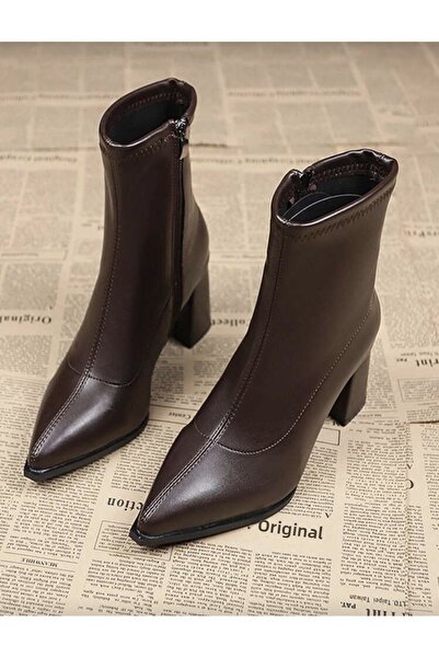 ELEVAM Γυναικεία Μαύρα Δερμάτινα Stretch Μποτάκια με Χοντρό Τακούνι Παπούτσια με φερμουάρ