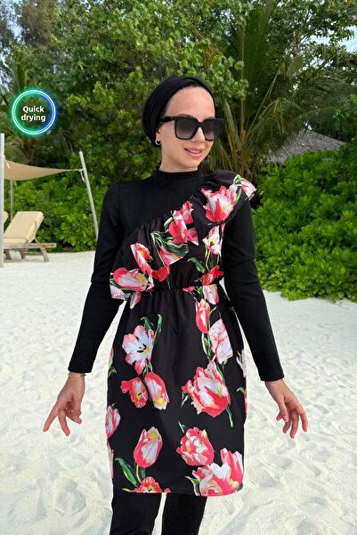Ka Hijab Floral Patterned Ruffle Detail Full Covered 2-Piece Hijab Swimsuit - Black