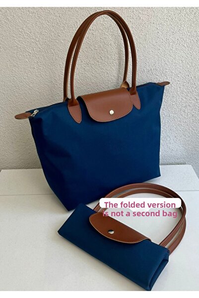 Madame Geantă pliabilă pentru mână și umăr pentru femei, cu fermoar, de dimensiuni mari, albastru închis