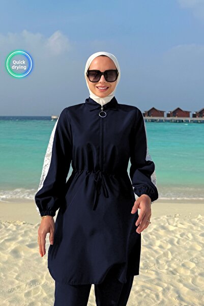 Ka Hijab Sequin Detail Full Covered 2-Piece Hijab Swimsuit - Navy Blue