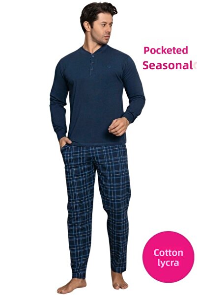 GUAVA+ Men's Navy Blue 3-Button Plaid Pattern Cotton Lycra Transitional Long Sleeve Cuffed Pajama Set with Pockets