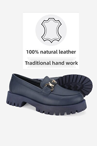 TUNAELLİ Navy Blue Γυναικείο Lofer - Γνήσιο δέρμα, Πόρπη, Μέγεθος 36-41