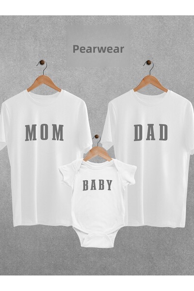 Pear Wear Printed Set of 3 - Mom Dad Baby, Gender Party, Bodysuit Patterned Oversize T-Shirt Bodysuit