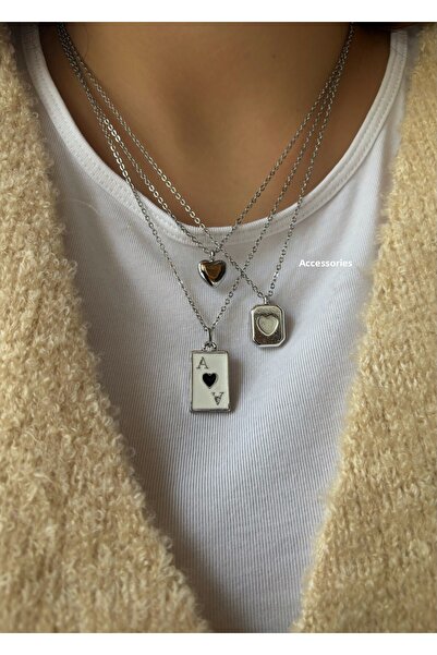 aksesuaris مجموعة من 3 قلادات على شكل قلب من الفولاذ باللون الفضي