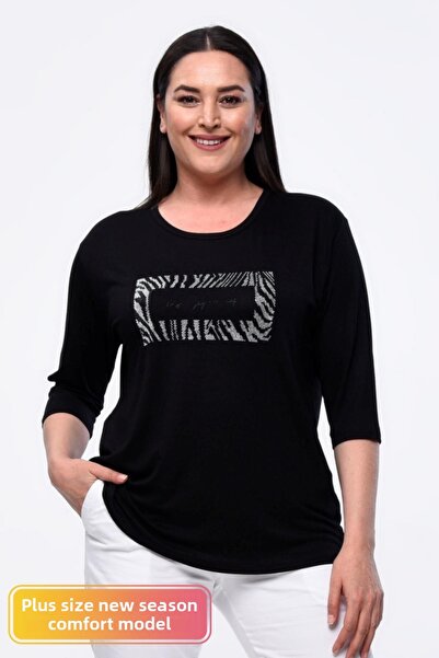 tarzımsüper Large Size New Season Casual Comfort Model Written Printed Stone Embroidery Half Sleeve Mother 4 Seasons Blouse