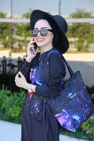 Minel Women's Black Printed Fully Covered Hijab Swimsuit Set of 2