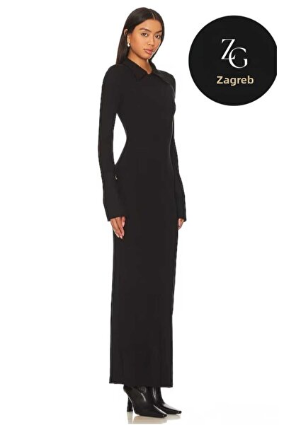Zagrep Women's Black Maxi Dress Hidden Zip Collar Sleeve Slit Silk Jersey Dress