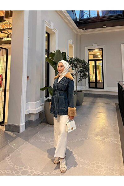 Hb Harma Time Butik Women's Belted Fur Detailed Dark Denim Blue Jacket