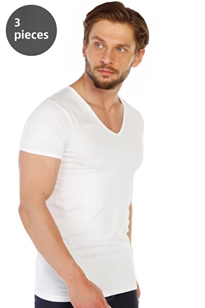 TOLIN 3 Pack 100% Cotton White Men's Single Jersey V-Neck Undershirt 317