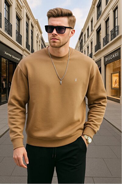 COMBİNE MİCHAİL Ανδρικό φούτερ με χρώμα Caramel Basic Crew Neck Relaxed κανονικό