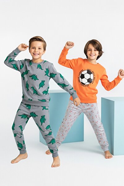 TRENDYOLKIDS Salmon-Gray Male Child 4-Piece Printed Pajama Set Tkdaw26Pt00009
