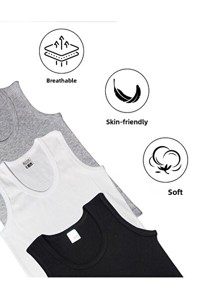 ALYA UNDERWEAR Fiú pamut bordás alsóing ovális gallér 3 csomag - 1 db. Fekete - 1 db fehér - 1 db szürke melange