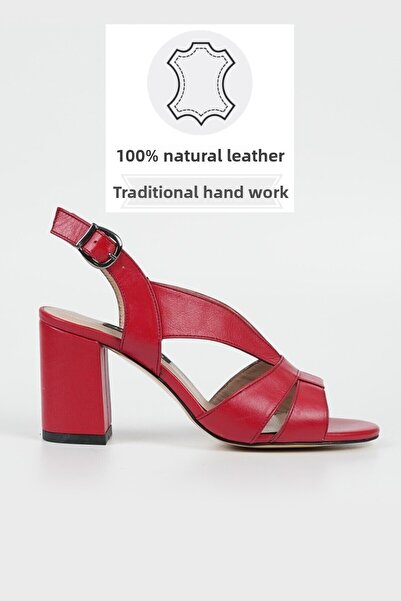 TUNAELLİ WOMEN'S RED GENUINE NATURAL LEATHER HEELED SANDALS, NUMBER 35-40