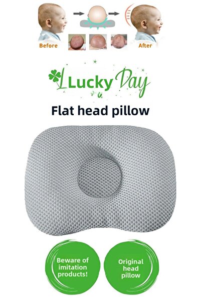 Lucky Day وسادة رأس رمادية اللون، وسادة رأس مسطحة للطفل، وسادة أطفال، قماش قطني عضوي