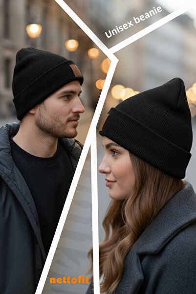 nettofit Black Leather Unisex Winter Wool Beret - with Label Detail