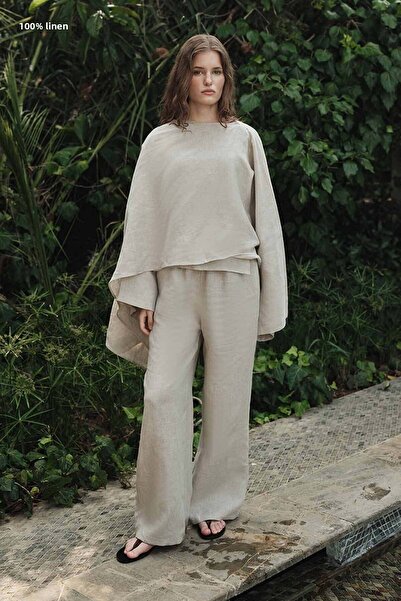 Hooopstore 100% Linen Plain Stone Trousers