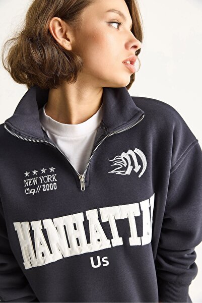 Bianco Lucci Women's Embroidered Half-Zip Polo Neck Ribbed Oversize Sweatshirt 10002 60283528