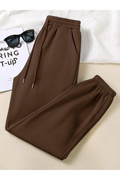 Jooy Company Καφέ μέση ελαστικό πόδι με 3 κλωστές χοντρό βαμβακερό γυναικείο παντελόνι Jogger