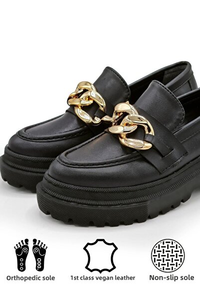 StWenn Dámské mokasínové boty s černým řetízkem a tlustou podrážkou mokasíny se zlatým řetízkem