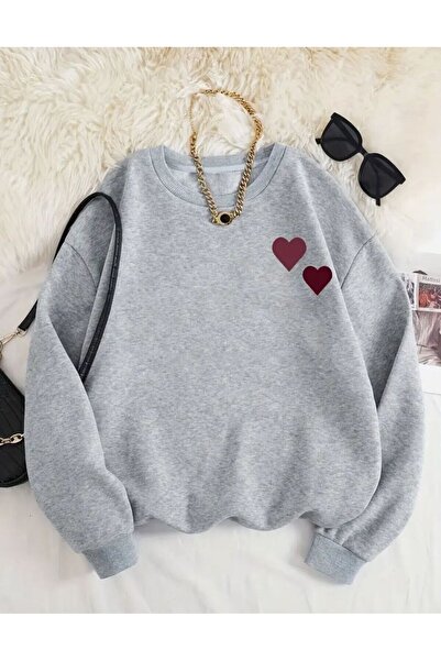 herkesemoda Chest Heart Printed Crew Neck Sweatshirt with Fleece Inside