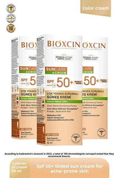 Bioxcin Sun Care Tinted Sunscreen for Acne-Prone Skin 50 Spf - Tinted, Acne, Drytouch, Matte 3 Pcs