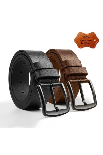 Bosskan قطعتان من حزام جينز رجالي كبير الحجم مصنوع من الجلد الطبيعي بنسبة 100% باللون الأسود + بني فاتح