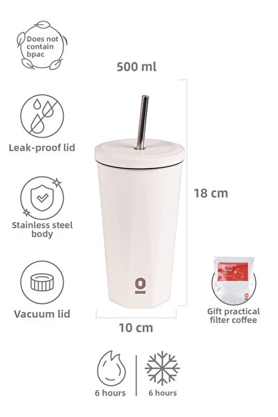 Espressolab Stainless Steel White Thermos Mug with Straw 500 ml No:81