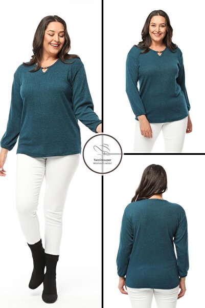 tarzımsüper Detailní pletená halenka s velkým límcem, měkkými rukávy s elastickým pohodlným modelem Stylový pletený svetr