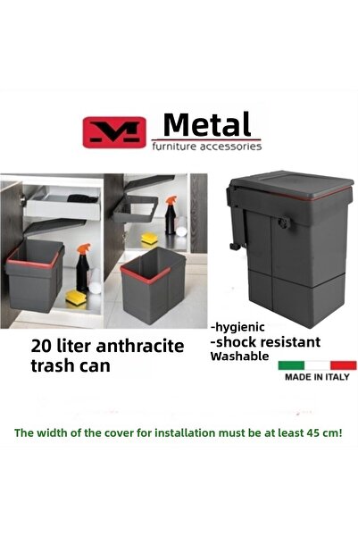 METALİ Almital Lid Mounted Trash Can Anthracite 20 Liters (Cabinet Lid Min. 45cm))
