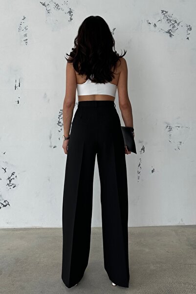 Ortaya Çık Palazzo Fabric Black Pleated Trousers
