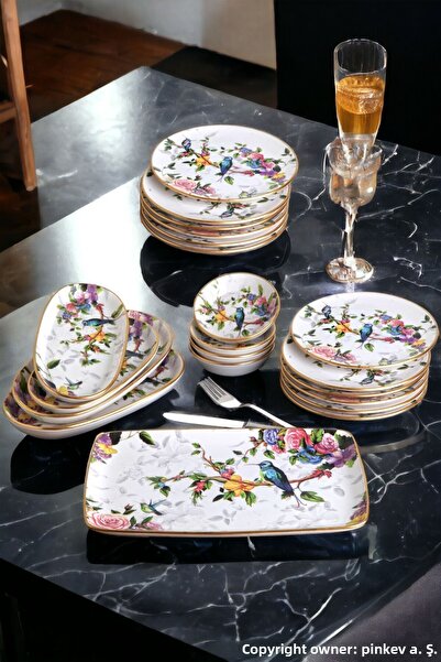 Pinkev Flora 21 Pieces 12 Person Ceramic Breakfast Cake Presentation Plate Set - Kup124F