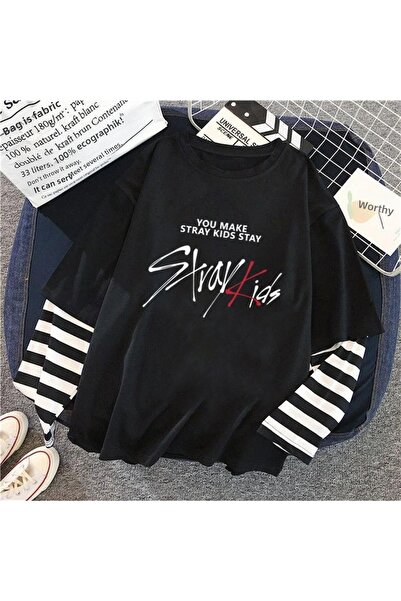 Touz Unisex černé tričko - Stray Kids Printed, Falešné rukávy