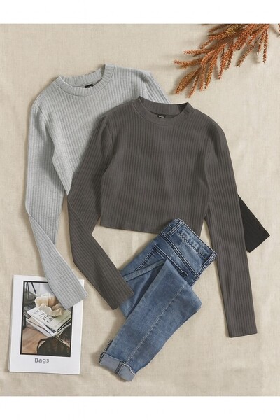 ÖZ PAMUK Dámská pletená košilka s dlouhým rukávem a vroubkovaným výstřihem, 2 kusy