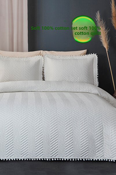 Evlen Home Collection 100% Cotton Single Quilted Daily Bedspread Pique Set with Pom-Poms Cream / Off-White