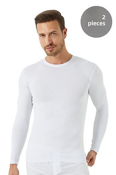 Arma Yıldız White Men's Regular Fit Crew Neck Long Sleeve T-Shirt 2 Pack 100% Cotton
