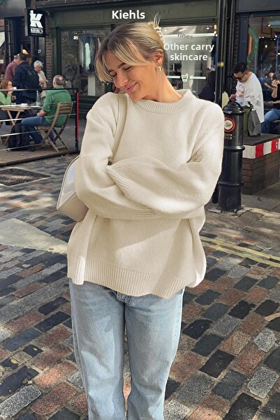 Madmext Ecru Crew Neck Oversize pletený svetr MG1972