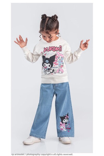 LİLLYPİCCA Girl's 2-Piece Set Printed Sweatshirt Wide Leg Jeans with Elastic Waist