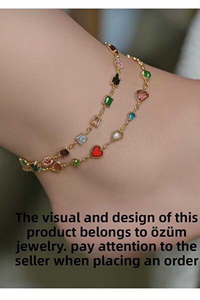 ÖZÜM TAKI Women's Steel 2-Piece Colorful Heart Square Stone Anklet Gold