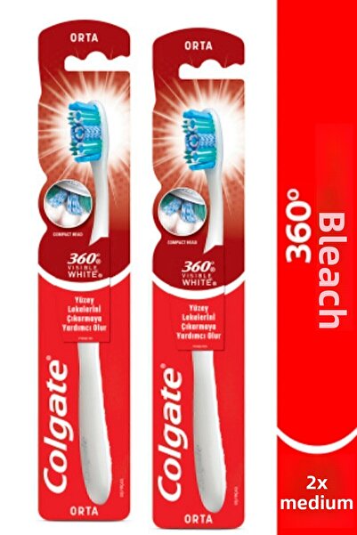Colgate فرشاة أسنان 360 Visible White لتبييض الأسنان متوسطة الحجم، قطعتان