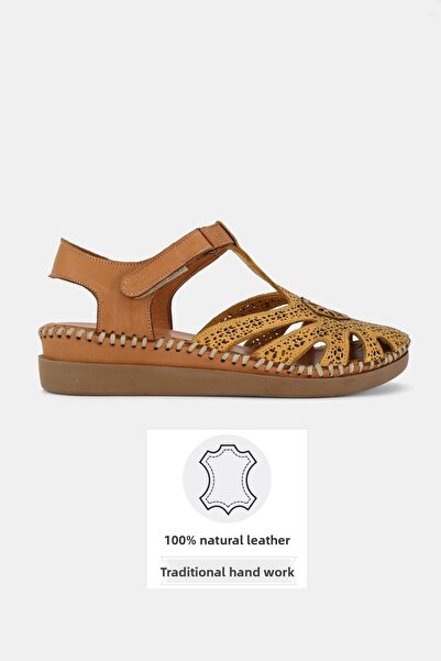 TUNAELLİ Women's Yellow Genuine Leather 35-41-42 Number Flat Wedge Heels Front Closed Strap Sandals