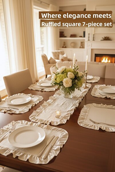 KAMİZ Ruffled Linen Runner & Set of 6 Ruffled Square Placemats - 7 Piece Dowry Set