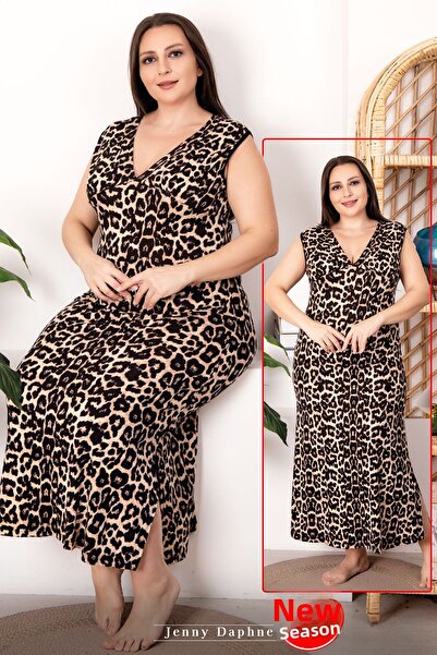 Jenny Daphne Viscose Fabric Mother Size Leopard Print V Neck Zero Sleeve Dress Nightgown Oversize 7250
