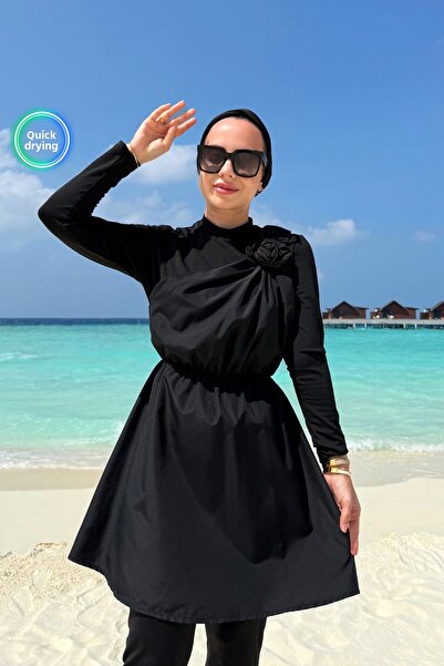 Ka Hijab Rose Detail Full Covered 2-Piece Hijab Swimsuit - Black