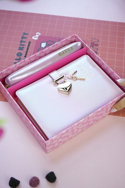 Victoria's Journals Hello Kitty Hush Hush Locked Notebook + Vegan Leather Pen Holder Boxed Set – 160 Sheets, Lined